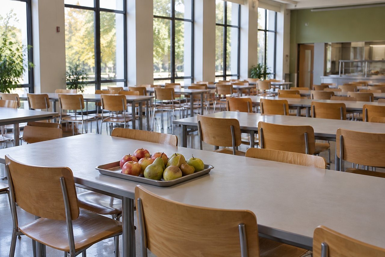 An empty cafeteria with long tables and a plain tray of fruit