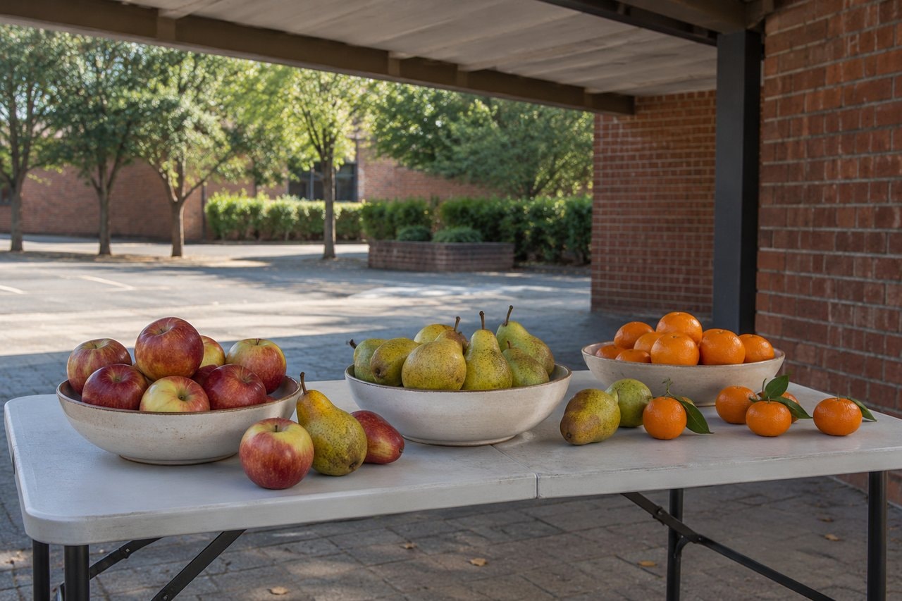 Apples, pears and clementines on a folding table beneath a brick building's awning