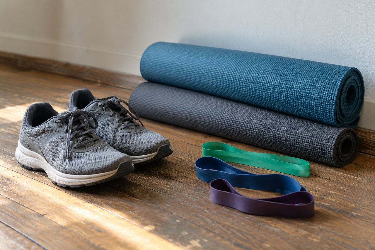 Plain walking shoes and resistance bands on a wooden gym floor beside rolled mats