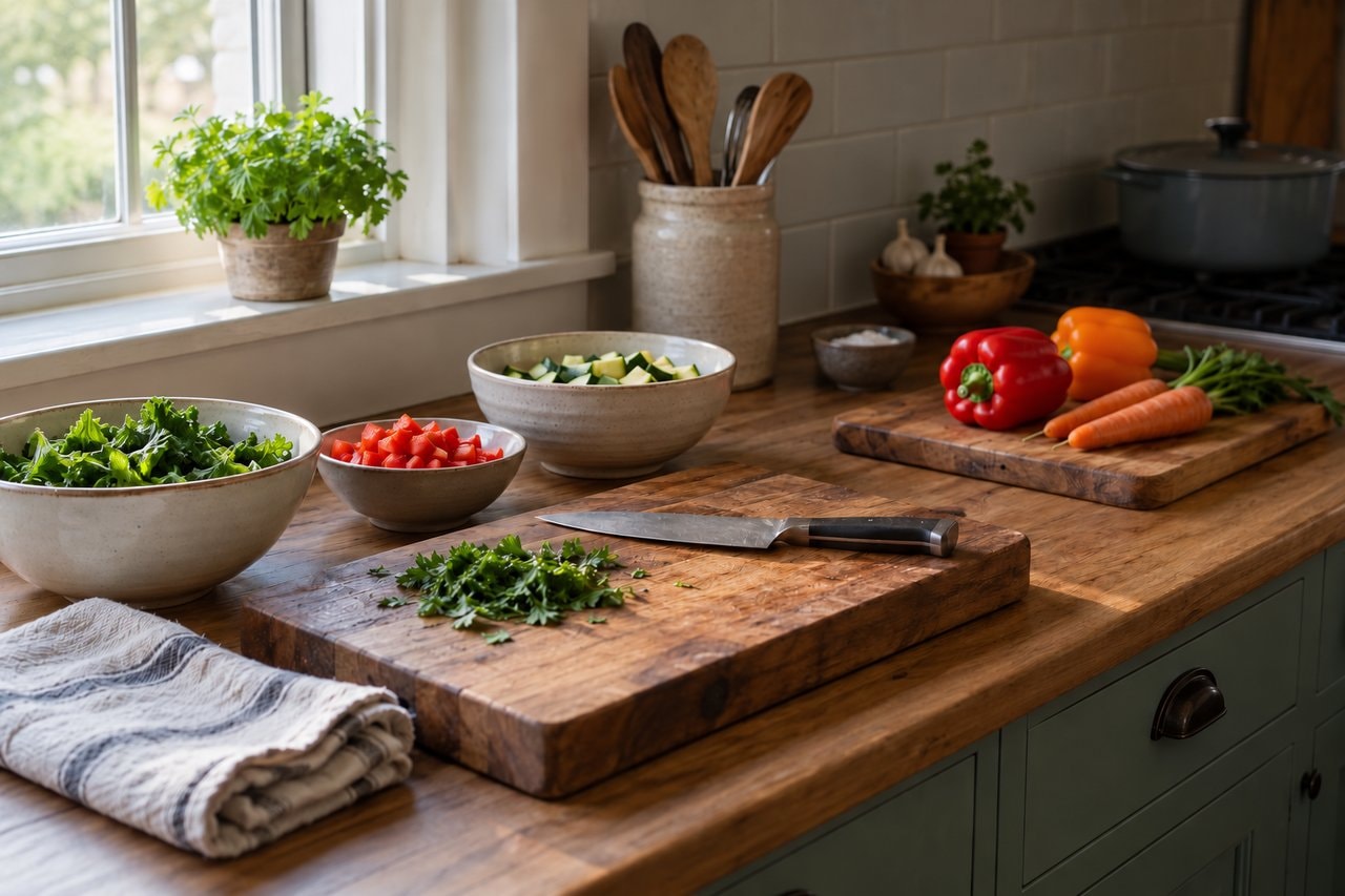 Cutting boards, a knife laid flat, vegetable bowls and a dish towel on a kitchen counter