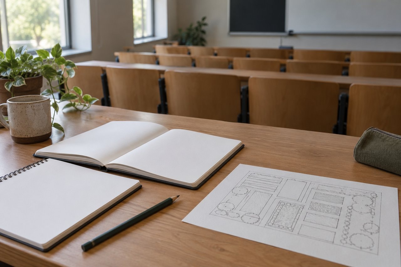 Blank notebooks and an unlabeled garden sketch on a desk beside empty lecture-room seats