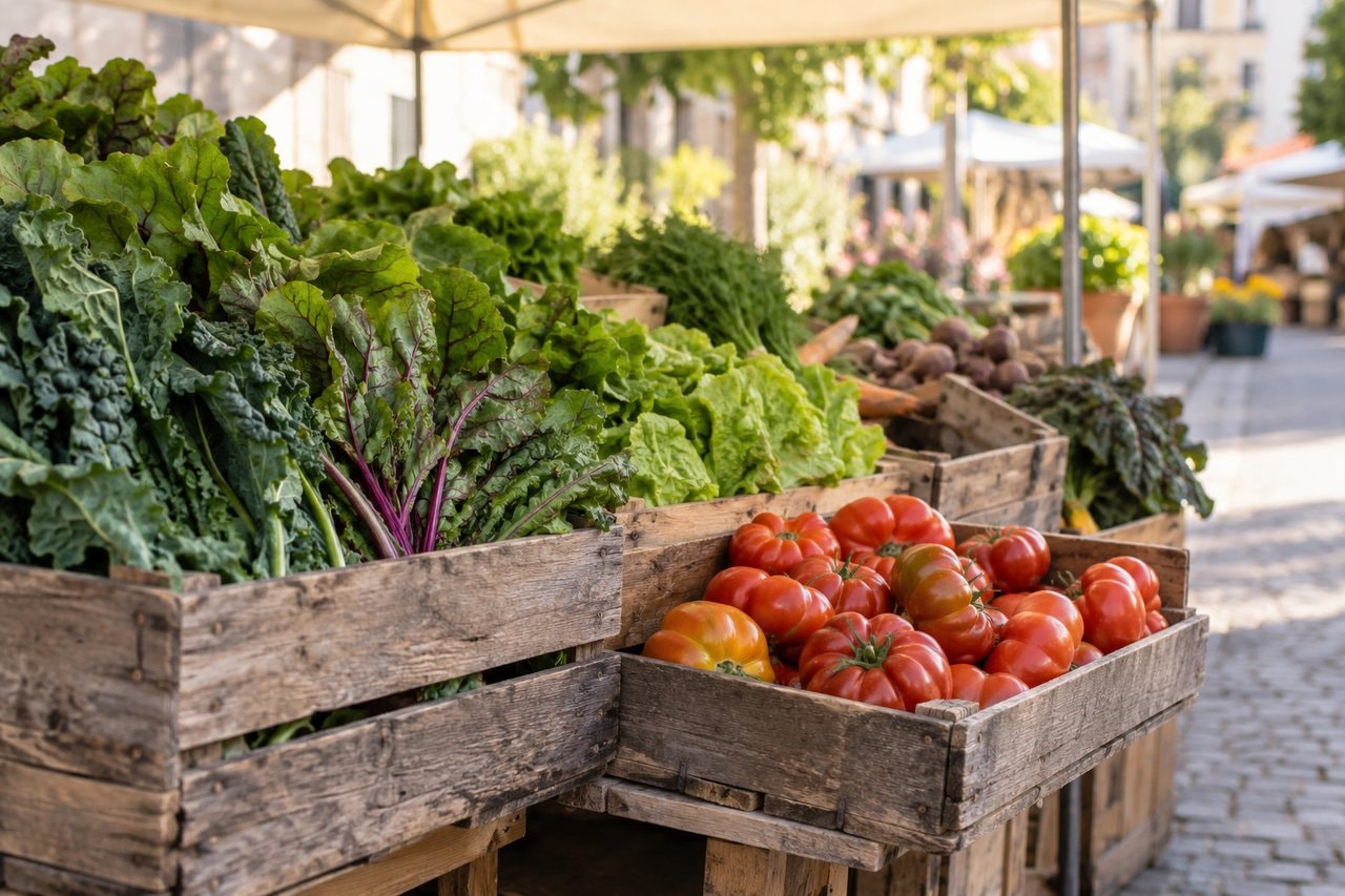 Leafy greens and tomatoes in wooden crates beneath a plain market canopy