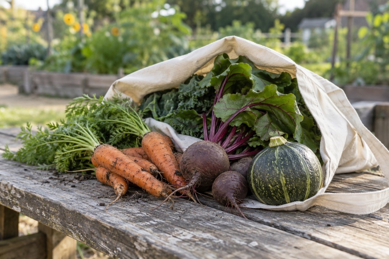 An unmarked cloth bag with root vegetables, leafy greens and squash on a wooden bench