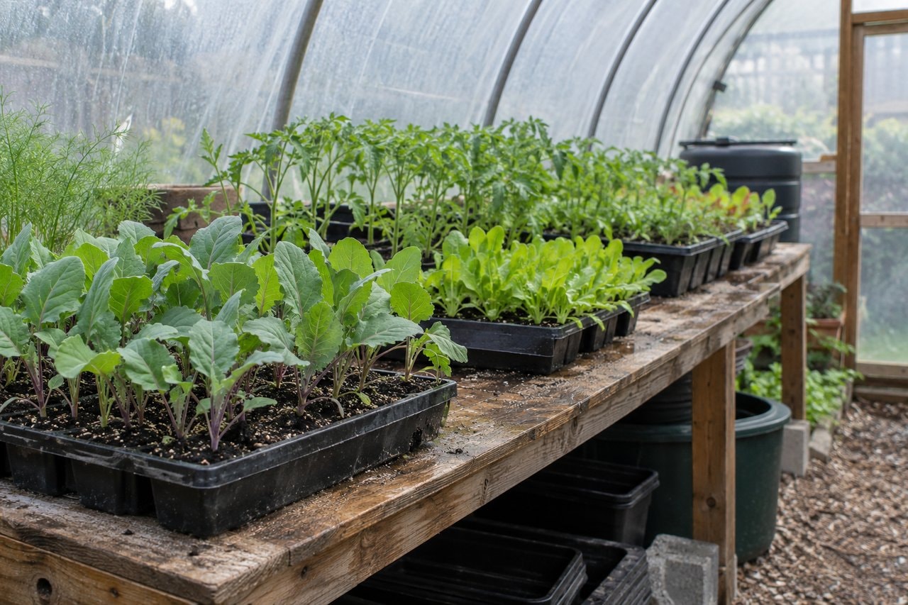 Seedling trays on a bench inside a small hoop greenhouse